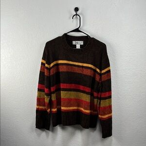 NORTH STUDIO Brown Striped Multicolor Sweater Silk Blend Crew Neck Sz L Vintage